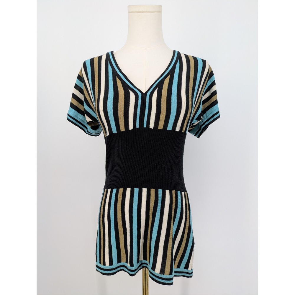 BCX Y2K Striped Knit Tunic Top Small Empire Banded Ribbed Waist VNeck Colorblock